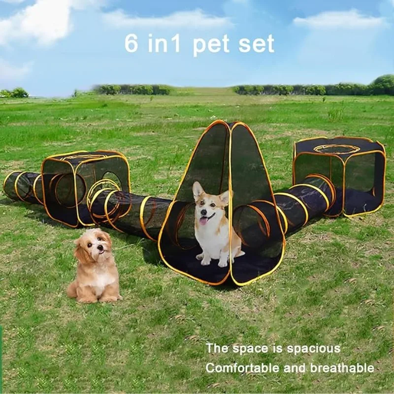 Outdoor Tent Playhouse - Enclos pour chats 6-en-1 avec tunnel,
